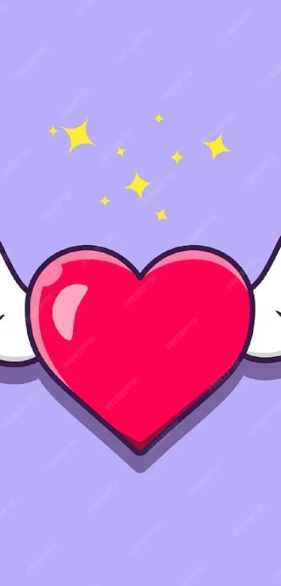 Colorful cartoon heart with wings on lavender background.