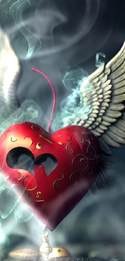 Vibrant red heart with wings and mystical smoke background.