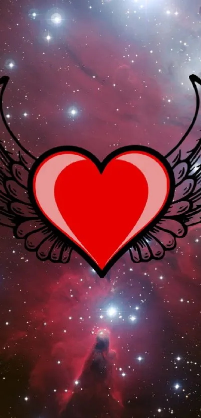 Winged heart against a nebula sky background with stars.