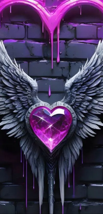 Winged heart with neon glow against a dark brick wall, perfect for mobile wallpaper.