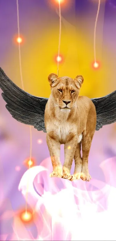 Majestic winged lion in mystical scene with vibrant backdrop.