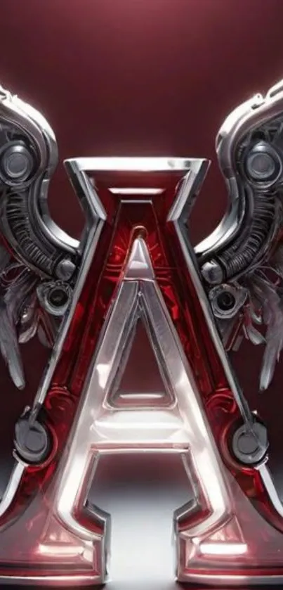 Metallic letter A with wings and crimson background.