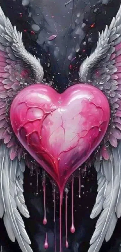 Pink heart with wings on dark background, mobile wallpaper.