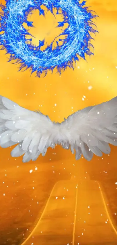 Fantasy wallpaper with angel wings and a blue halo on an orange background.