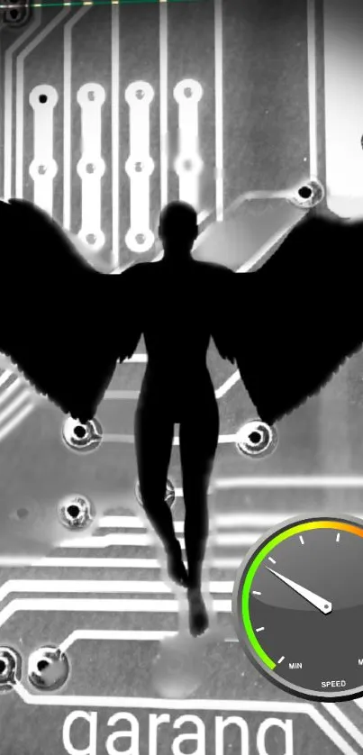 Winged silhouette with a high-tech circuit background.