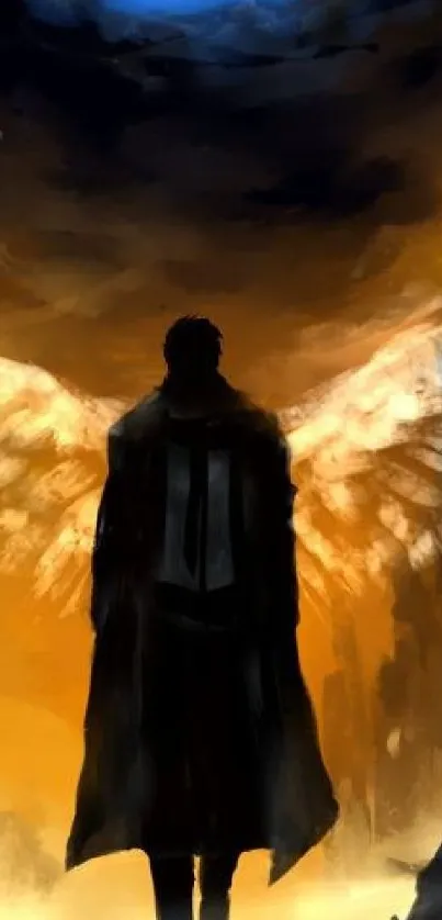 Silhouette with angelic wings in fantasy art.