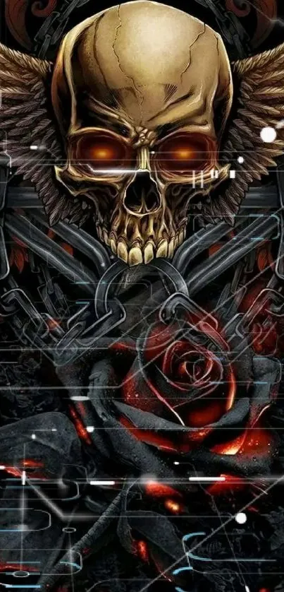 Skull with wings and chains over a dark rose design.