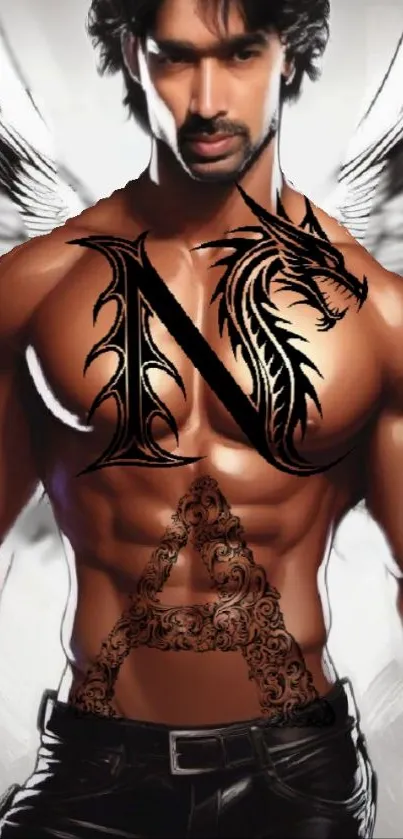 Male torso with winged tattoos and artistic design.