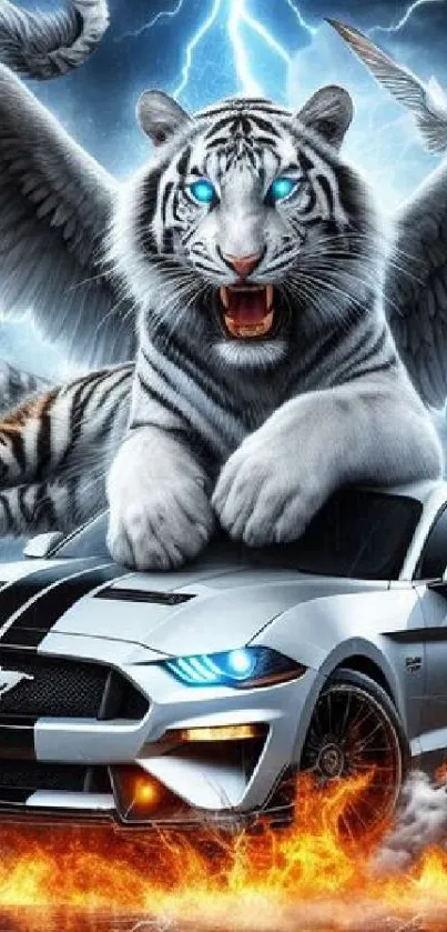 Winged tiger on a car with lightning and fire background.