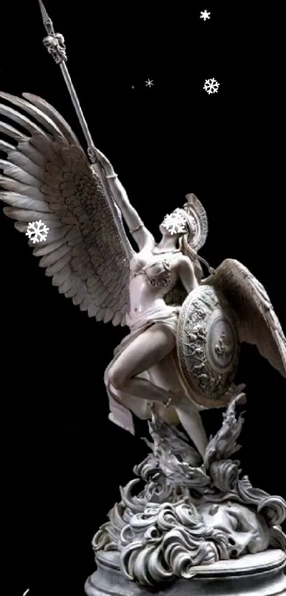 Dynamic statue of a winged warrior with a spear, set against a dark background.