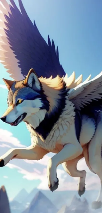 Flying winged wolf in a clear sky fantasy scene.