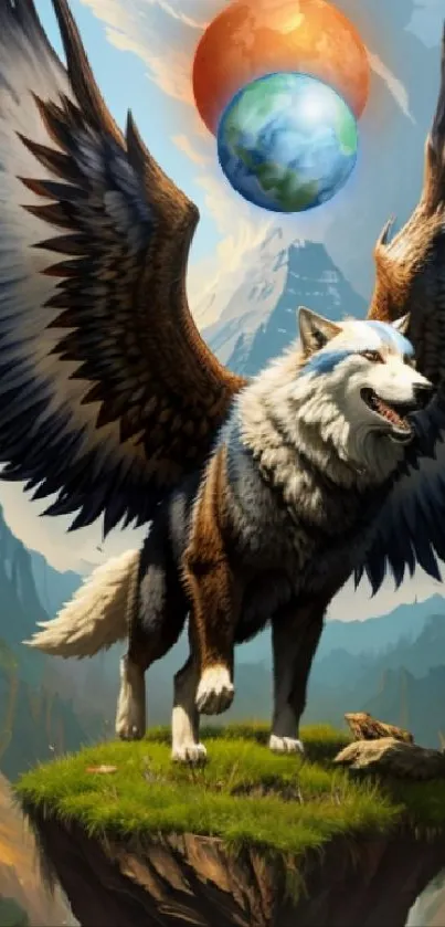 Fantasy winged wolf standing on a rock with vibrant colors and nature background.