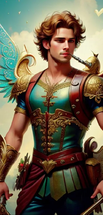 Fantasy warrior with angelic wings and intricate armor in a colorful setting.