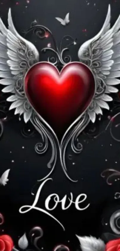 Red heart with wings and roses on dark background.