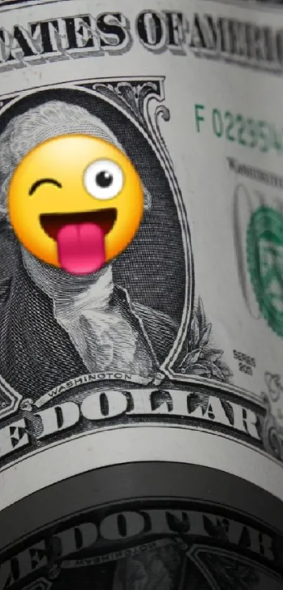 Dollar bill with a winking emoji on mobile wallpaper.