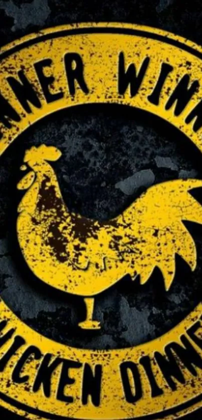 Bold rooster with 'Winner Winner Chicken Dinner' text on dark background.