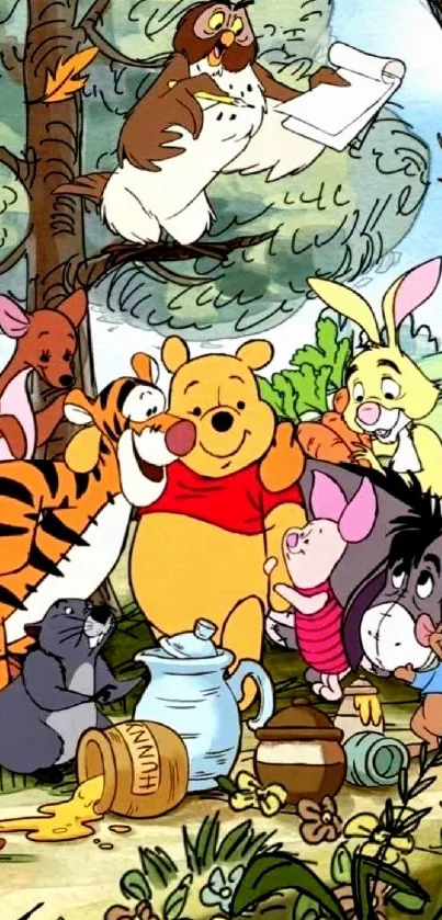 Winnie the Pooh and friends in a forest scene.
