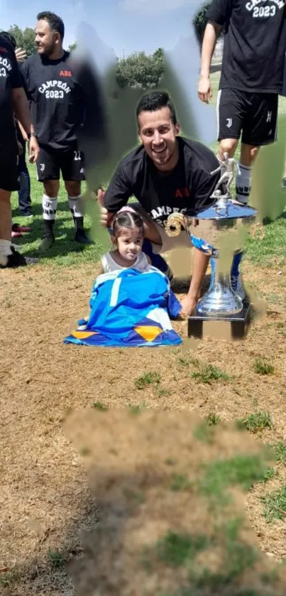 Celebration with trophy on a green field.