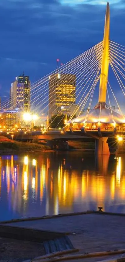 Winnipeg night cityscape with illuminated bridge and reflections on water.