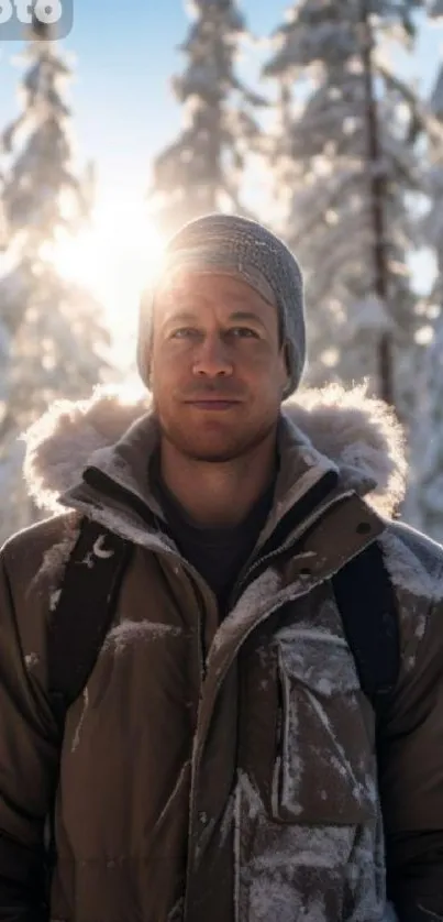 Person enjoying winter in snowy forest.