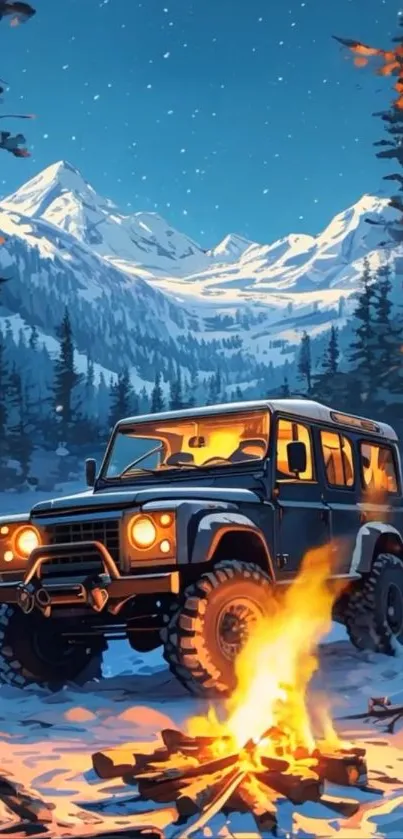 Offroad vehicle in snowy mountains with campfire