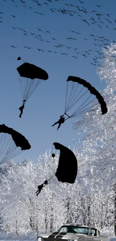 Parachutes over snowy landscape with car and blue sky.