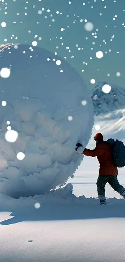 Adventurer pushing a giant snowball in a winter landscape under a clear blue sky.