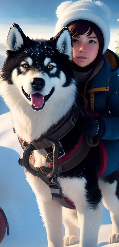 Girl and husky on a snowy mountain with blue sky.