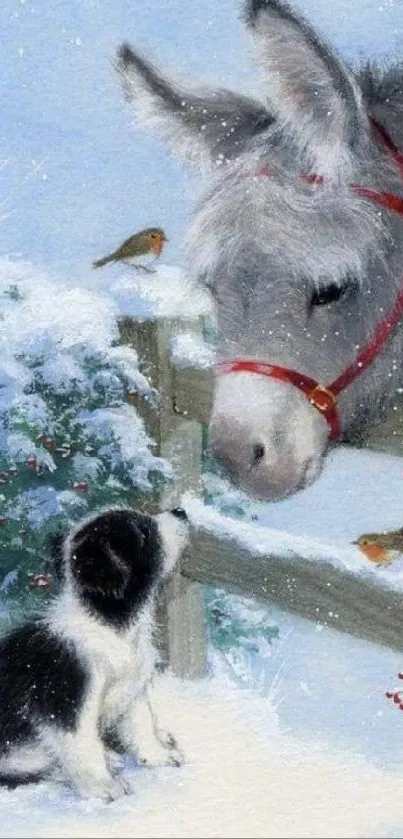 Donkey and puppy meet at a fence in a snowy, winter landscape with birds.