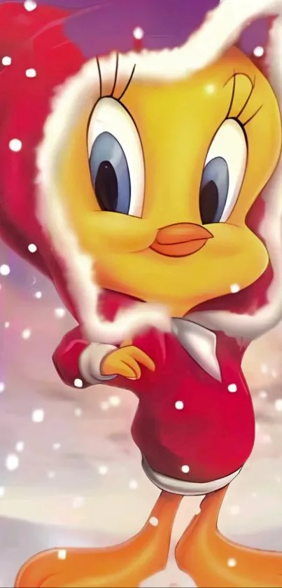 Cartoon character in red snow outfit, winter scene background.