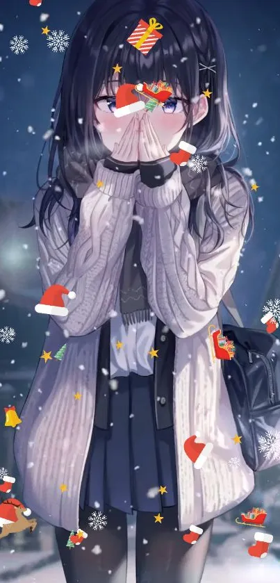 Anime girl in cozy winter clothes with Christmas decorations and snowflakes.