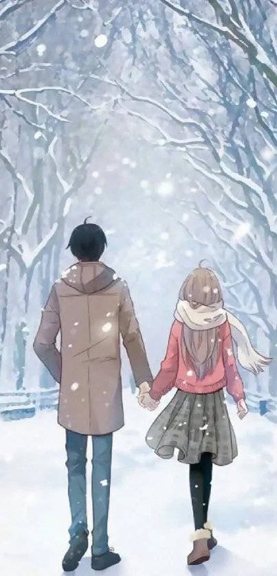 Anime couple walking in snowy winter scene.