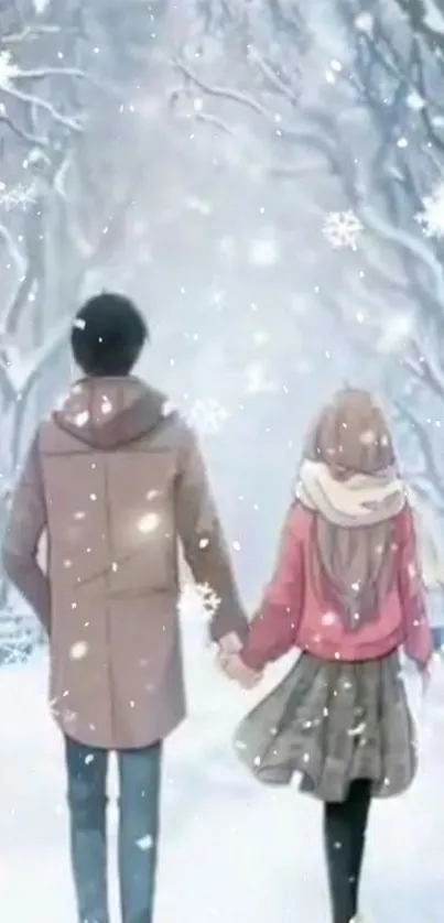 Anime couple walking in snowy forest, holding hands.