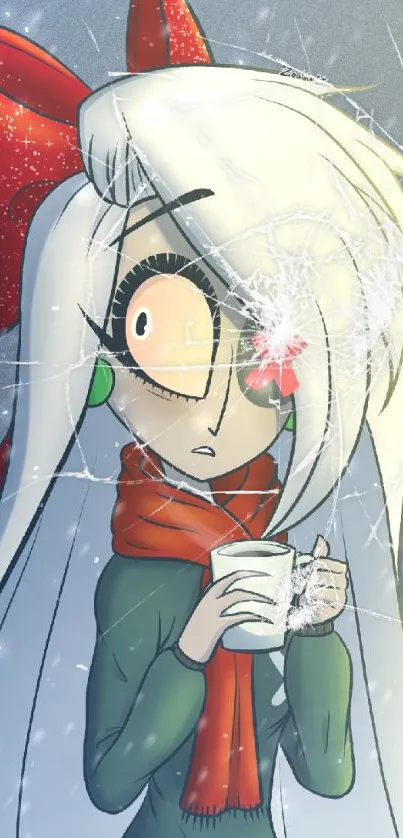 Anime girl with white hair and red bow in snowy winter setting.