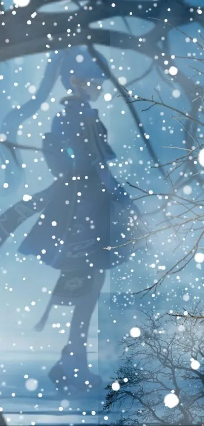 Anime figure in a snowy winter scene with blue background.