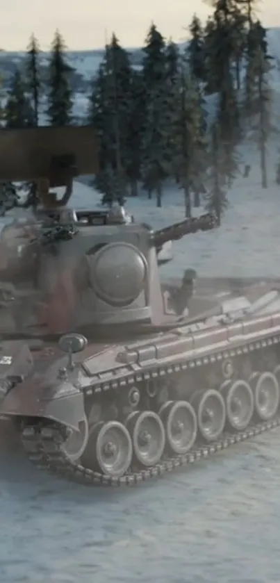 Armored tank on a snowy landscape with trees in the background.