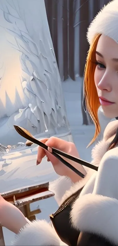 Artist painting a snowy scene in a winter forest.