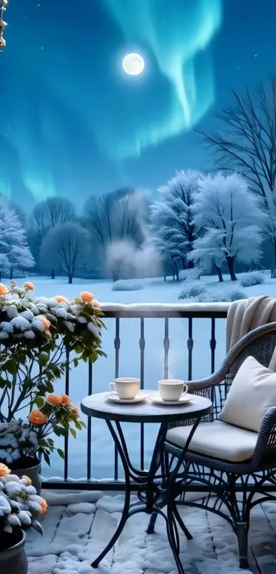 Snowy balcony with northern lights and two tea cups.