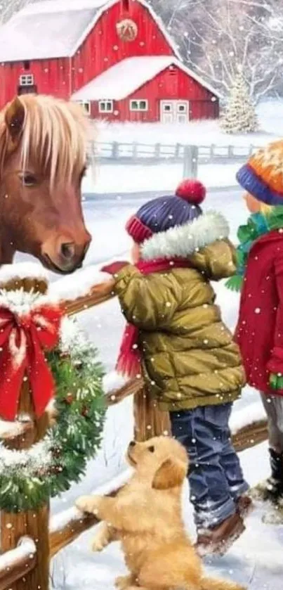 Children at a snowy farm with a horse and red barn in winter.