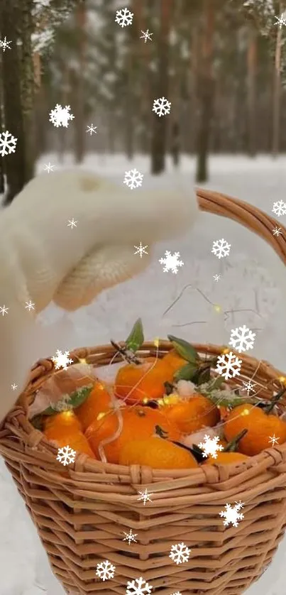 Winter basket filled with oranges amidst snowflakes in a forest.