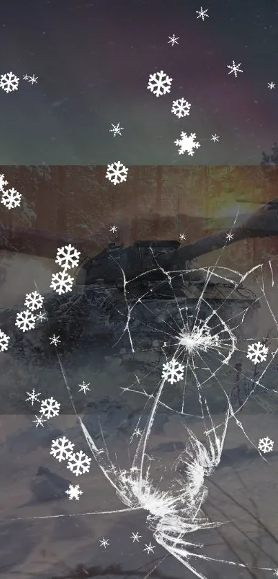 Winter battle scene wallpaper with tank and snowflakes.