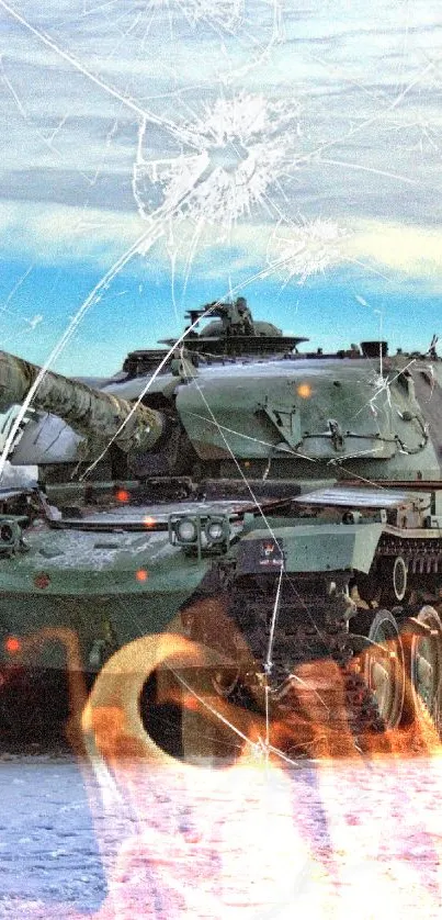 Military tank in a snowy winter landscape, perfect for a dynamic mobile wallpaper.