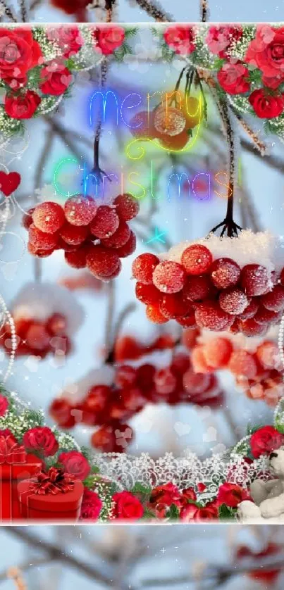 Vibrant wallpaper of red berries and frosty branches with floral design.