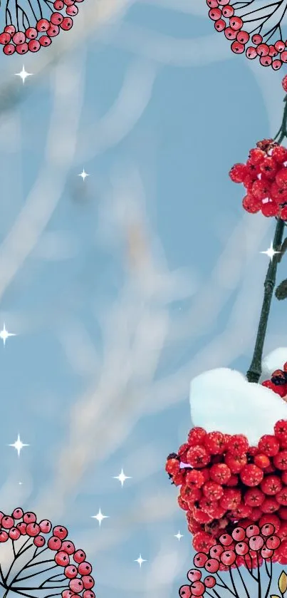 Red berries with snow and stars on a light blue background.