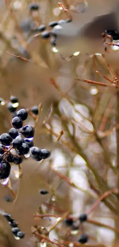 Close-up of dark berries on icy branches.