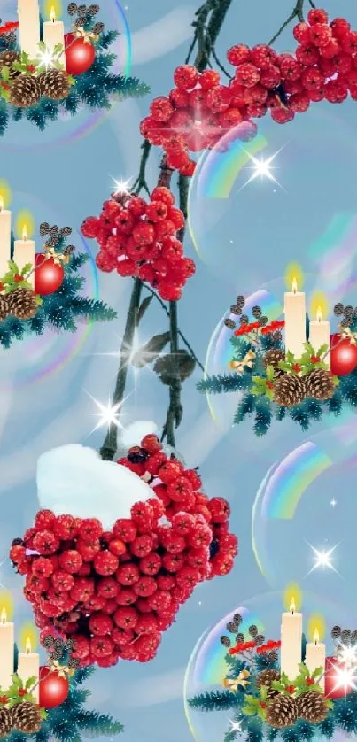 Winter scene with red berries and candlelight bubbles on a snowy branch.