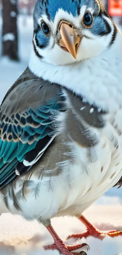 Close-up of a bird in a snowy winter forest with blue and white feathers.