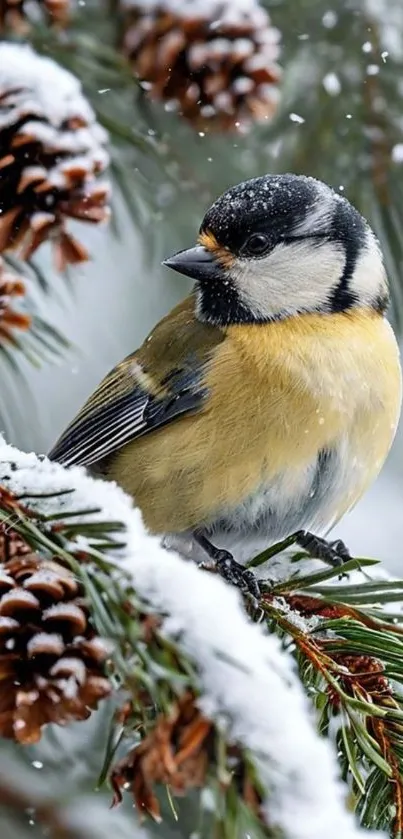 Bird perched on snowy pine branch in winter.