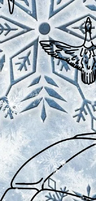 Intricate bird and snowflake design on a blue winter-themed wallpaper.