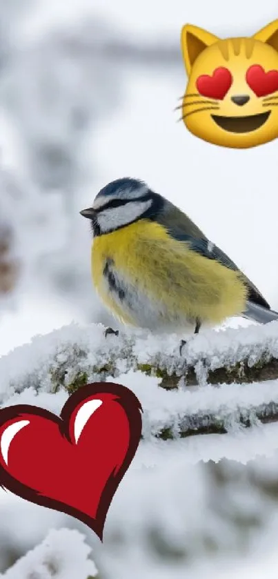 Bird on snowy branch with emojis, winter scene.